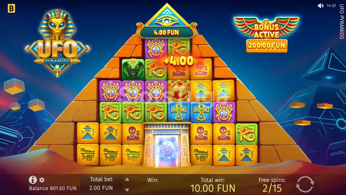 Rodadas grátis em ação na UFO Pyramids com multiplicadores acumulados