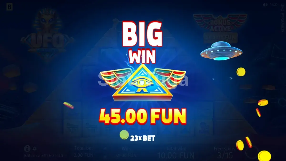 Grande vitória na UFO Pyramids mostrando o potencial máximo da slot
