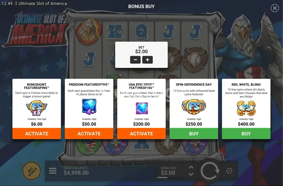 Tela de compra de bônus da Ultimate Slot of America com as opções disponíveis