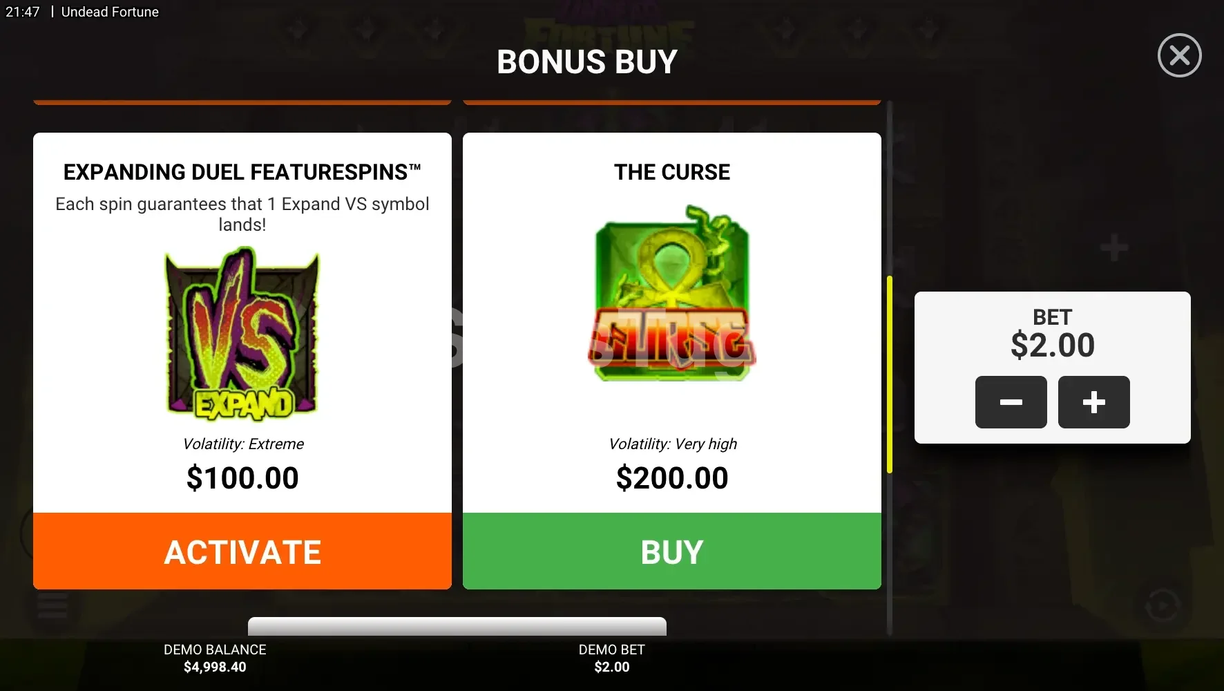 Menu de compra de bônus da Undead Fortune com as opções disponíveis