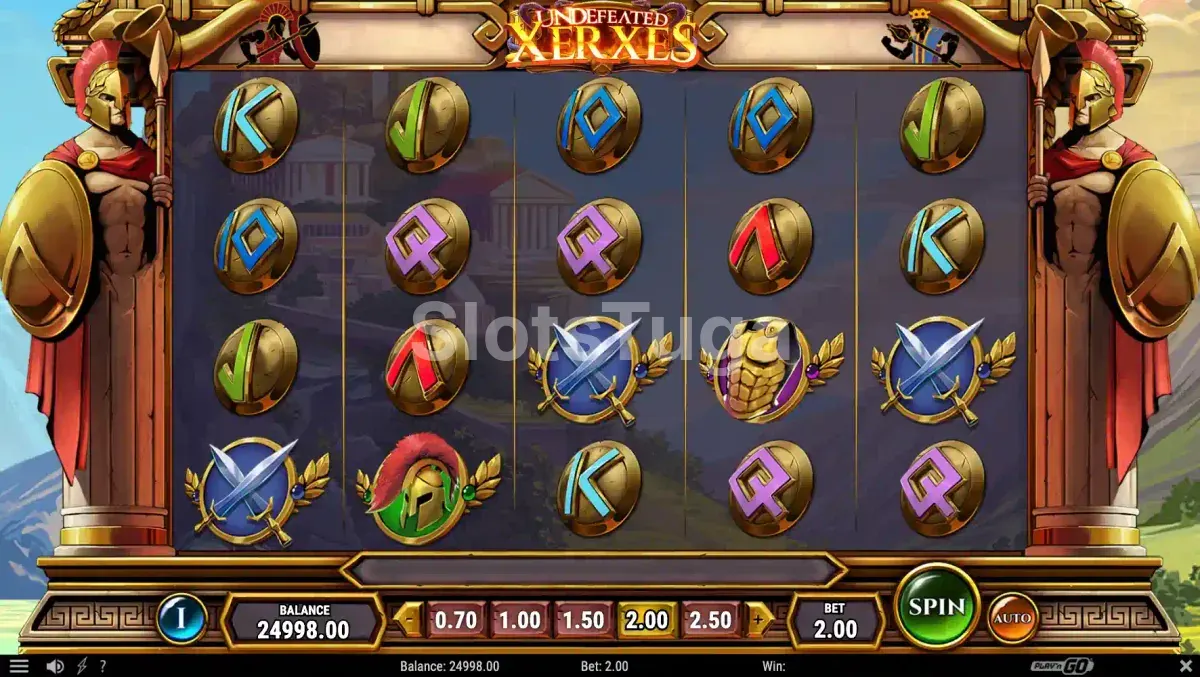 Jogo base da slot Undefeated Xerxes com tema da Grécia Antiga