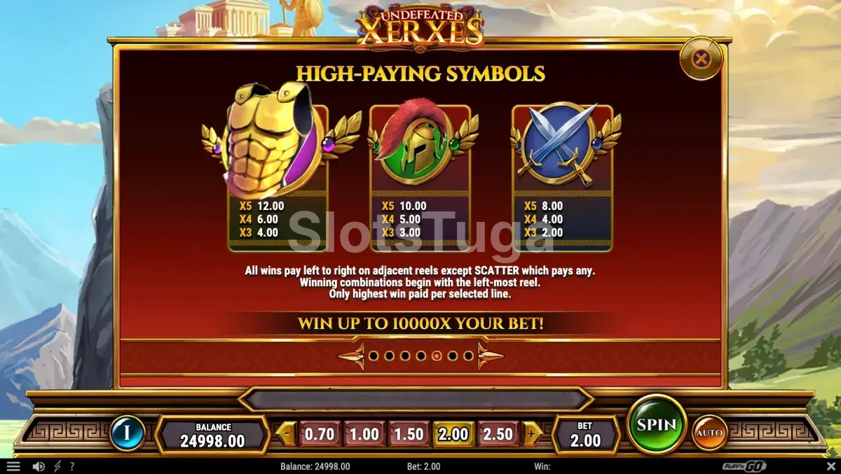 Tabela de pagamentos da slot Undefeated Xerxes mostrando símbolos e prêmios