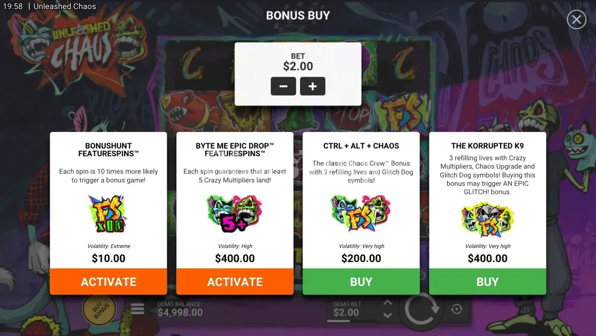 Ecrã de compra de bónus em Unleashed Chaos