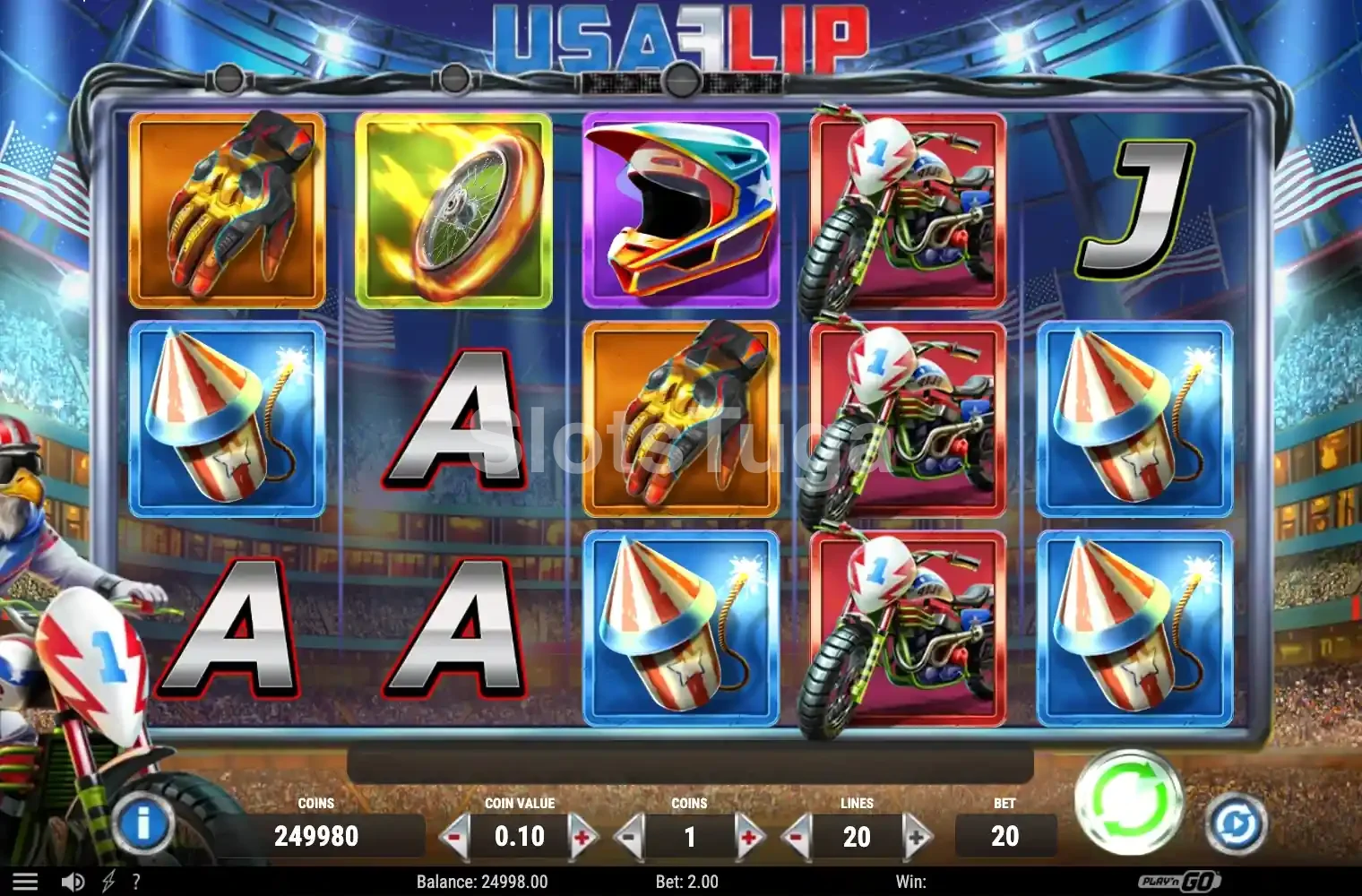 Tela principal da slot USA Flip com a águia piloto em ação