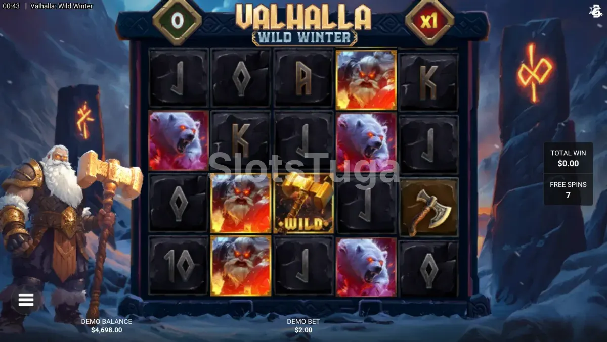 Rodadas grátis ativadas na slot Valhalla Wild Winter com wilds na tela