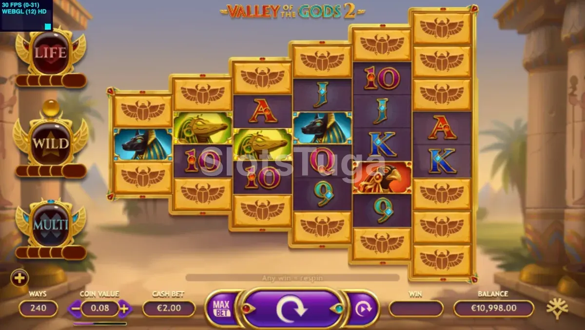 Valley of the Gods 2: rolos em forma de pirâmide cobertos por blocos de escaravelho dourado, com os medidores Life, Wild e Multi à esquerda.