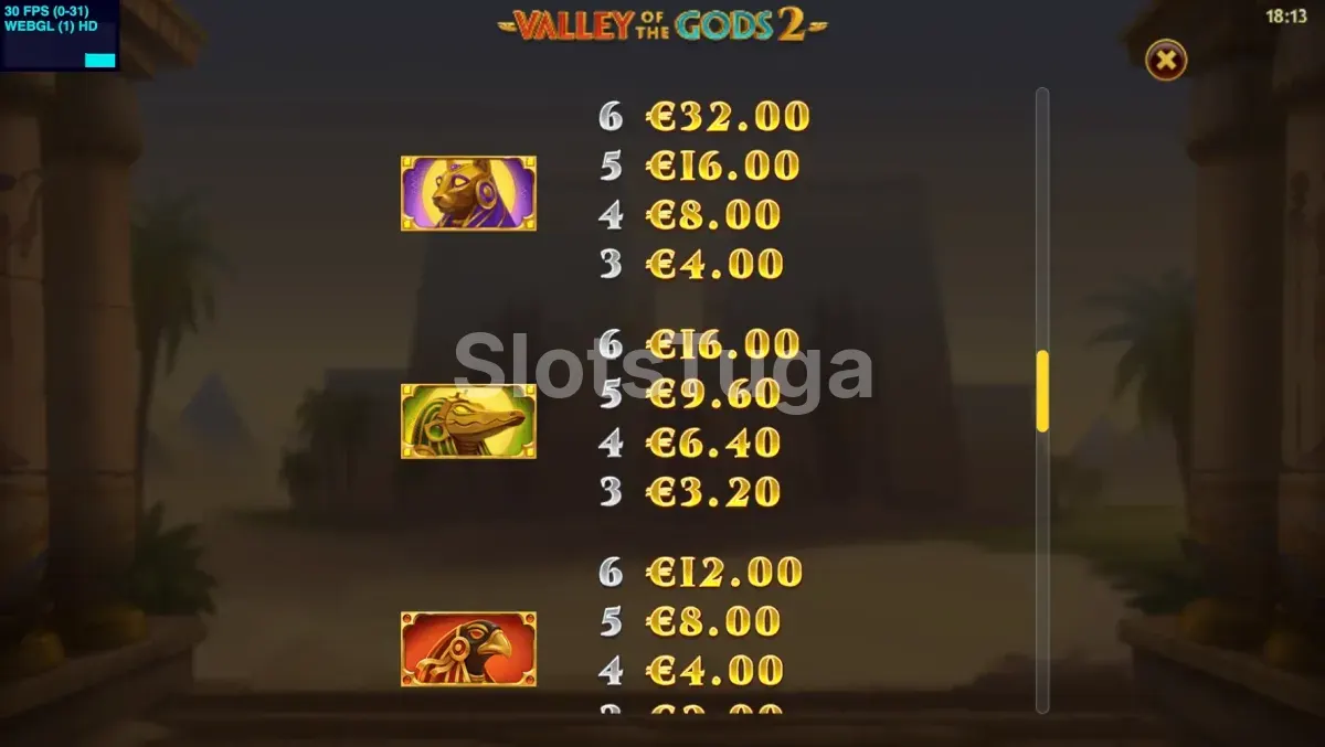 Tabela de pagamentos da slot Valley of the gods 2 com todos os símbolos