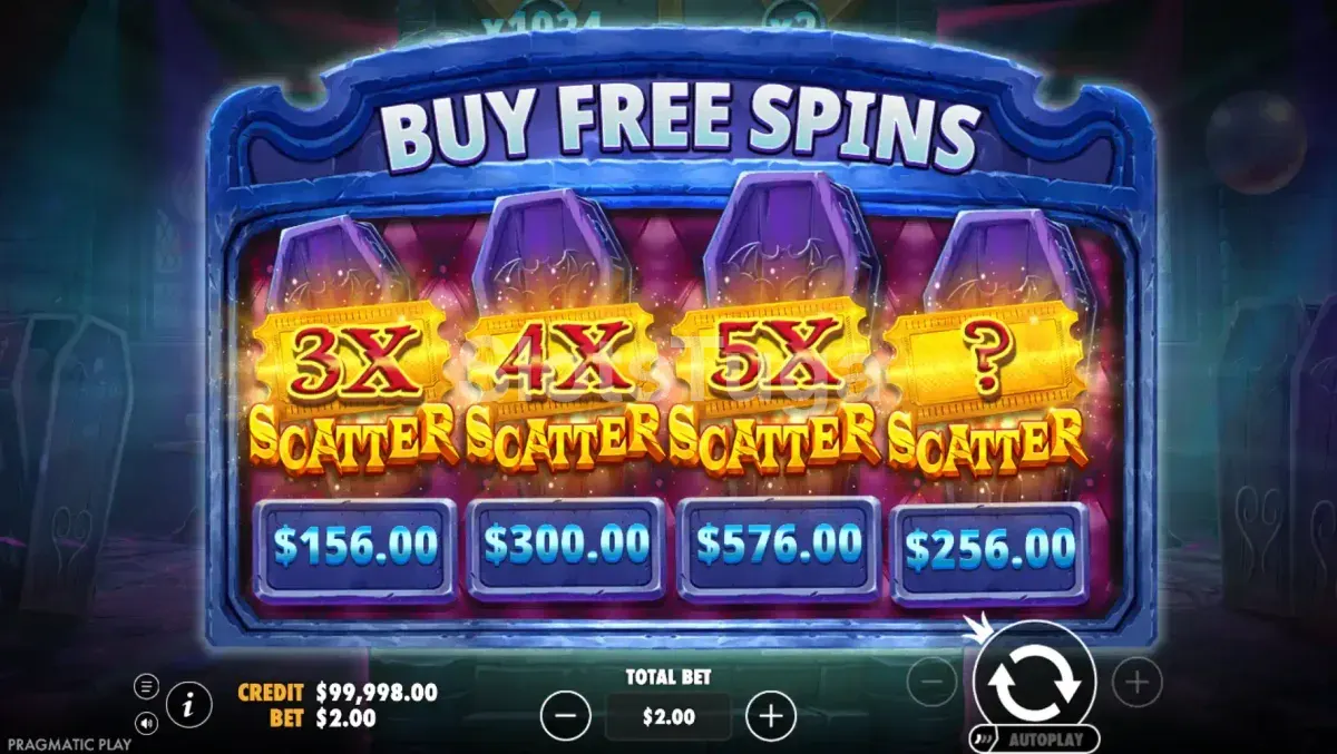 Tela de compra de bônus do Vampy Party com as opções de feature buy disponíveis