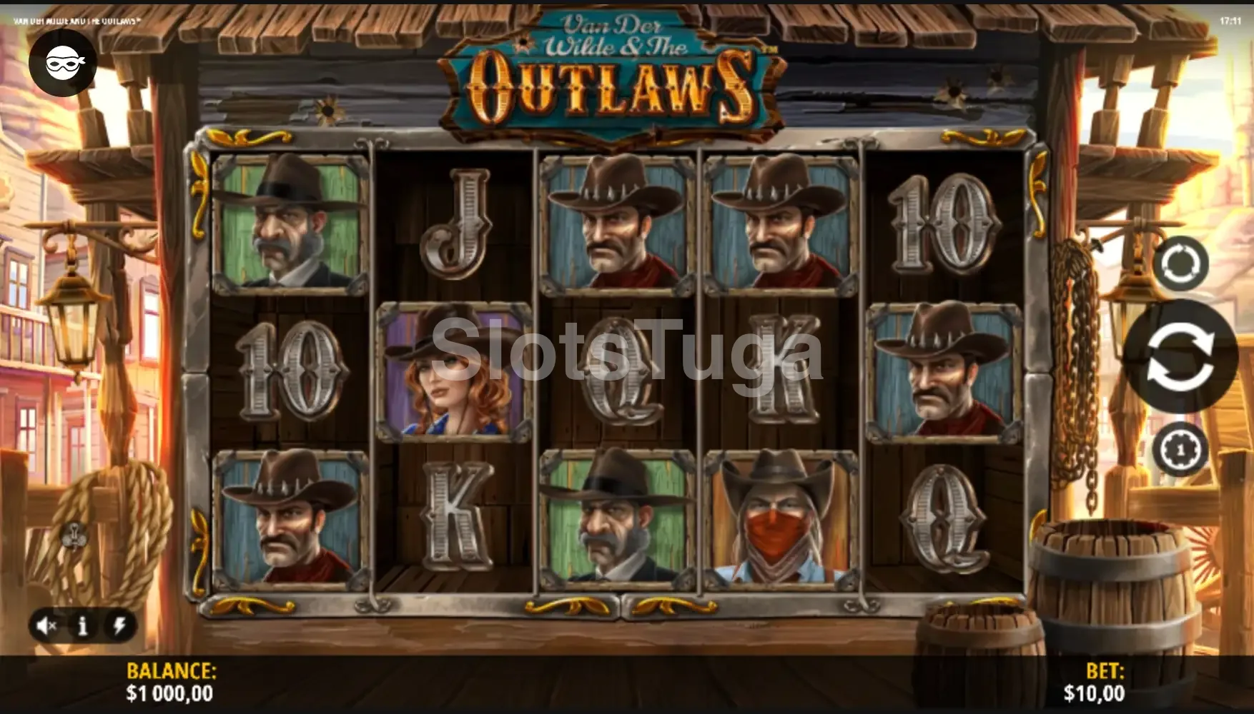 Jogo base da slot Van Der Wilde & The Outlaws com os rouleaux e símbolos do Velho Oeste