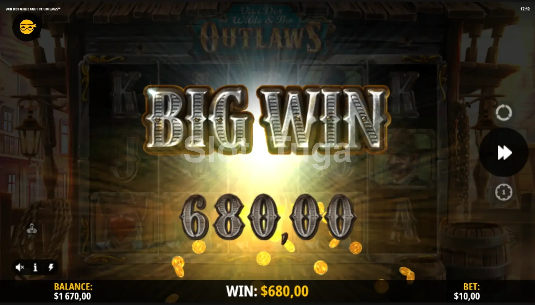 Grande vitória registrada na Van Der Wilde & The Outlaws com animação de big win na tela