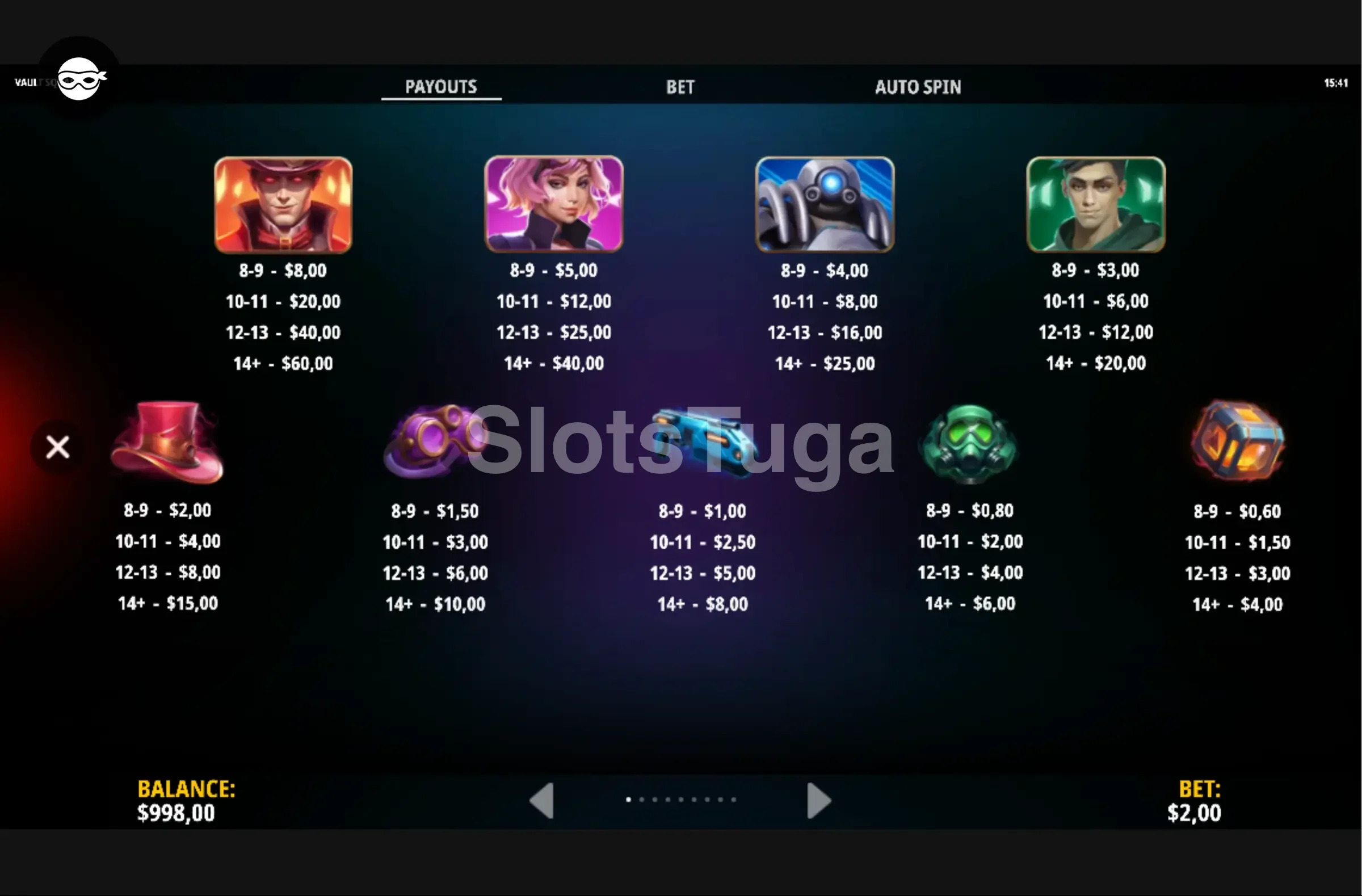 Tabela de pagamentos da Vault Squad mostrando os símbolos e valores