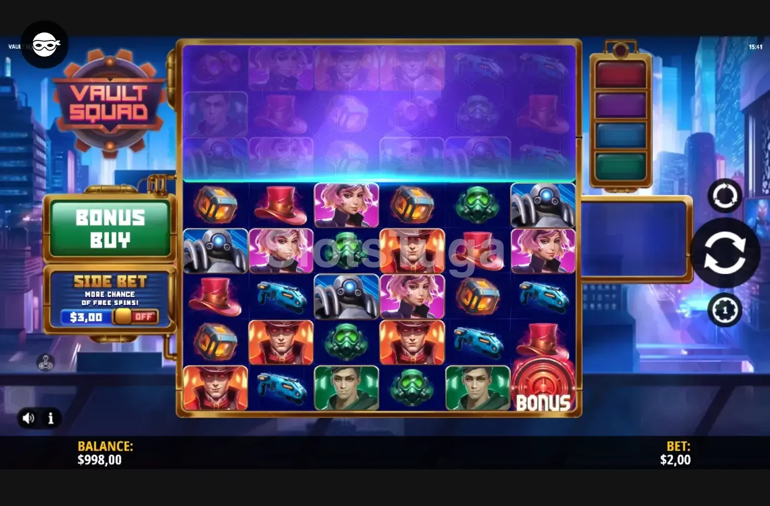 Jogo base da slot Vault Squad com os rolos principais