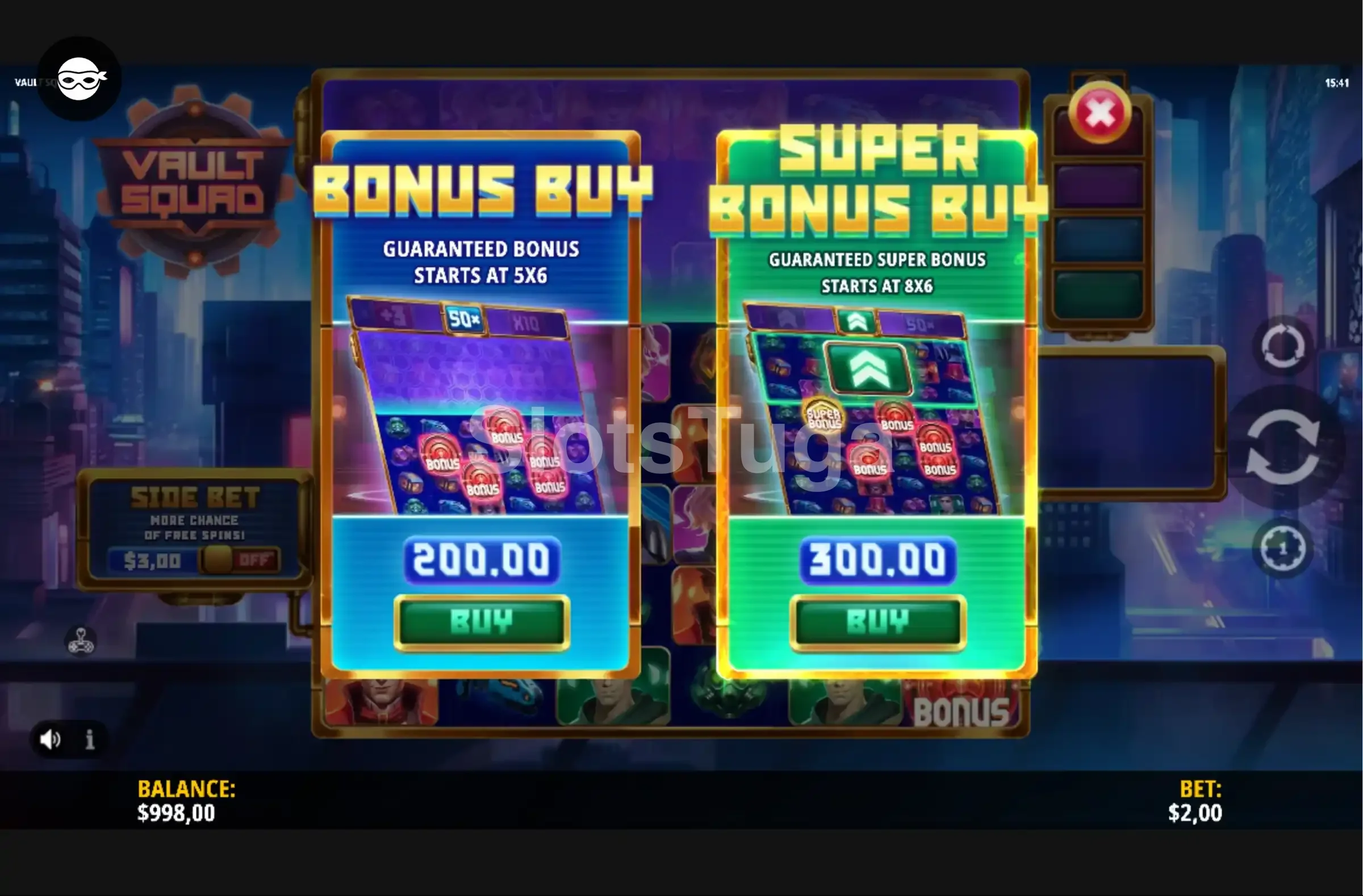 Tela de compra de bônus da Vault Squad com as opções disponíveis
