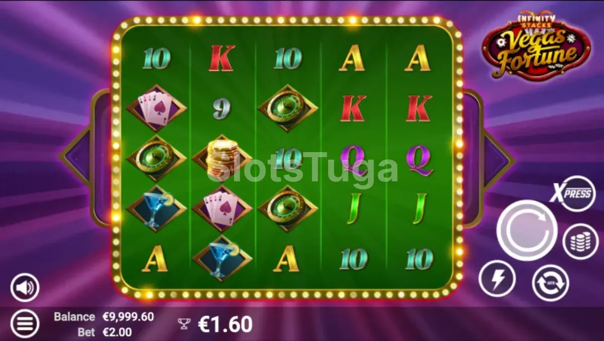 Jogo base da slot Vegas Fortune com rouleaux iluminados