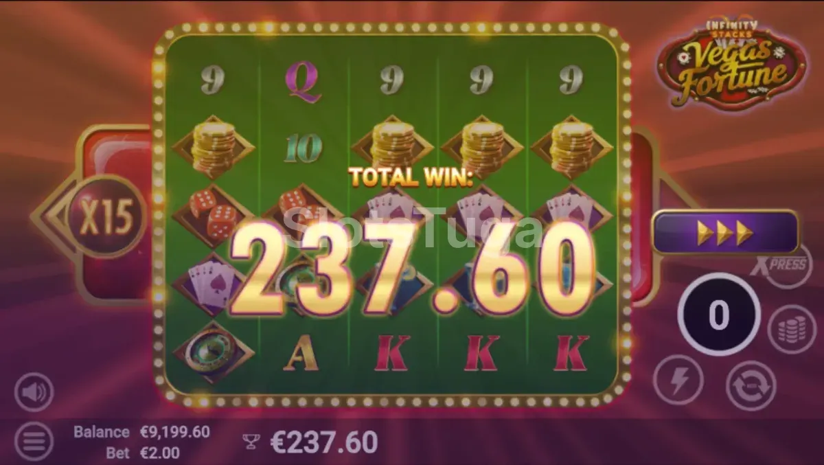 Big win na slot Vegas Fortune com animação de vitória grande