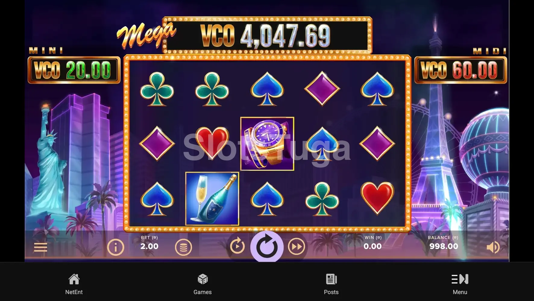Tela principal da slot Vegas Night Life com todos os símbolos iluminados