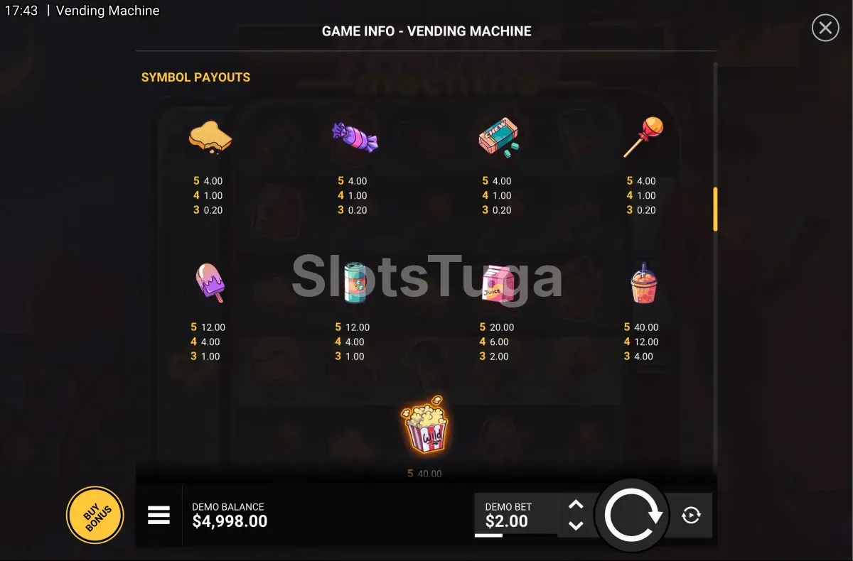 Tabela de pagamento da Vending Machine mostrando os símbolos e seus valores