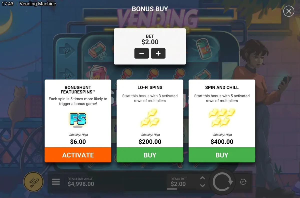 Tela de compra de bônus da Vending Machine com as diferentes opções disponíveis