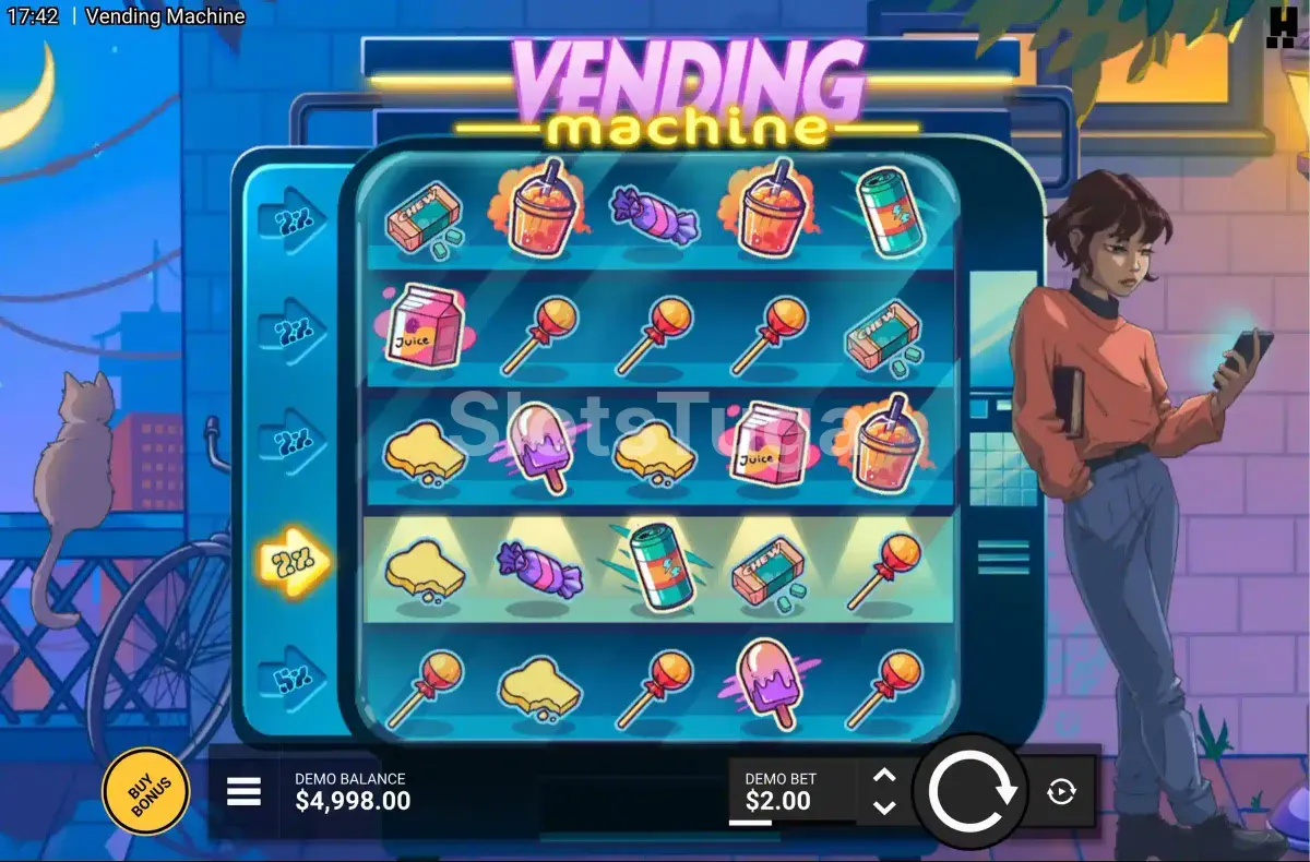 Jogo base da Vending Machine com rouleaux coloridos e símbolos de guloseimas