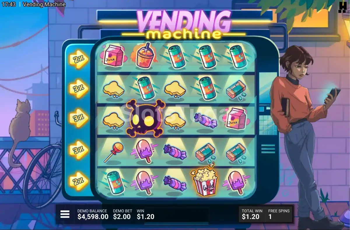 Free Spins ativadas na Vending Machine com multiplicadores em destaque