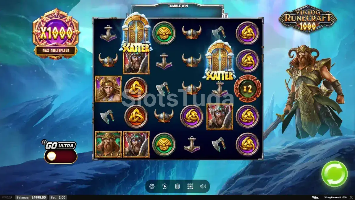 Viking Runecraft 1000 em jogo base: grelha de seis por cinco com elmos de chifres, machados, âncoras, runas circulares e retratos de guerreiros, dois scatters dourados, um multiplicador x2 e o selo x1000 Max Multiplier, com Thor de martelo ao lado, num fjord gelado.