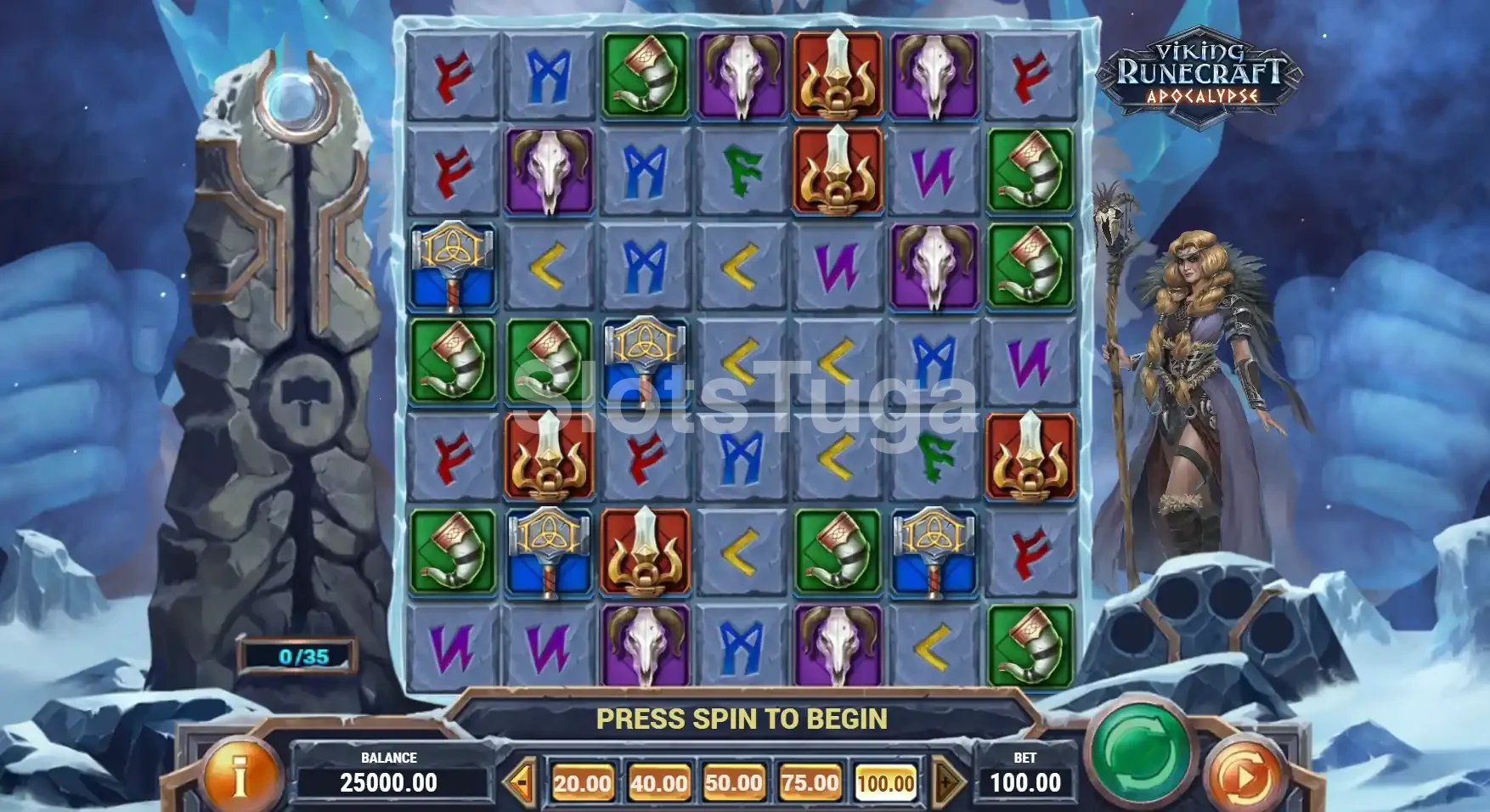 Tela principal do jogo Viking Runecraft Apocalypse com grid 7x7 e gigante ao fundo