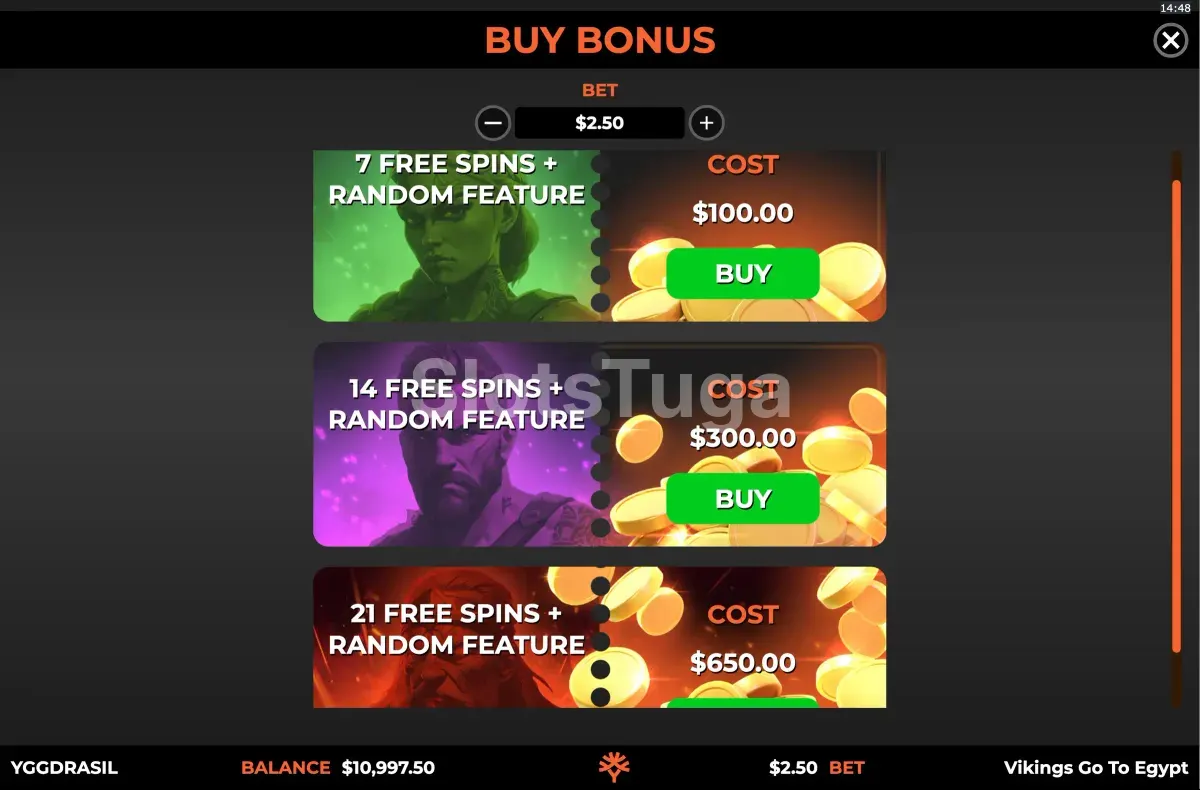 Tela de compra de bônus da Vikings Go To Egypt Wild Fight com opções disponíveis