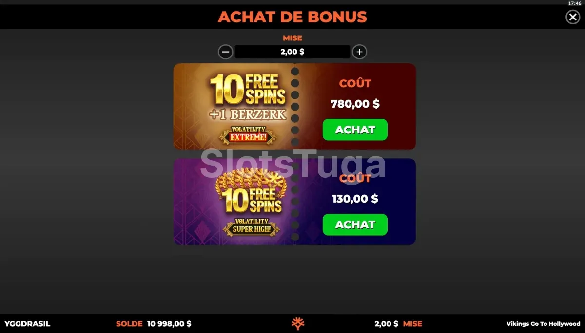 Ecrã de compra de bónus de Vikings Go To Hollywood com as duas opções disponíveis