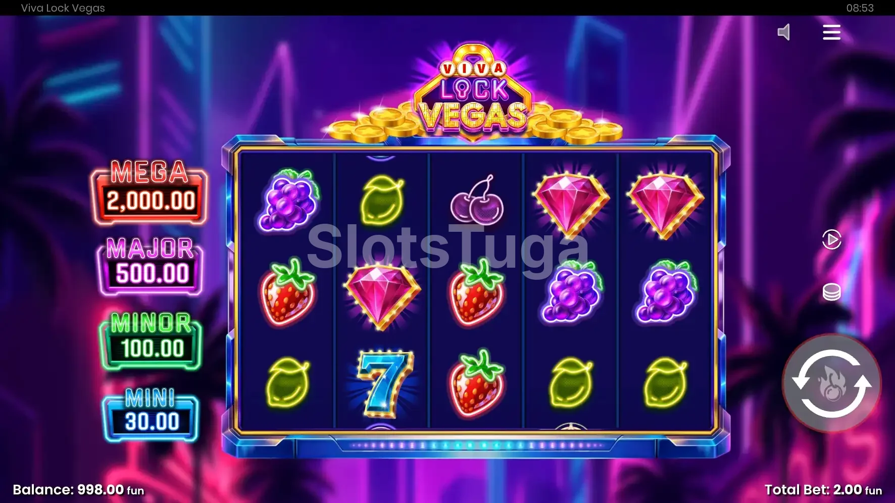 Tela principal do jogo Viva Lock Vegas com símbolos clássicos de cassino