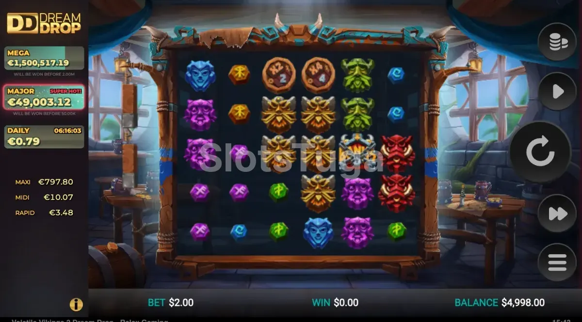 Tela principal do jogo Volatile Vikings 2 Dream Drop com símbolos vikings no grid de 6 colunas