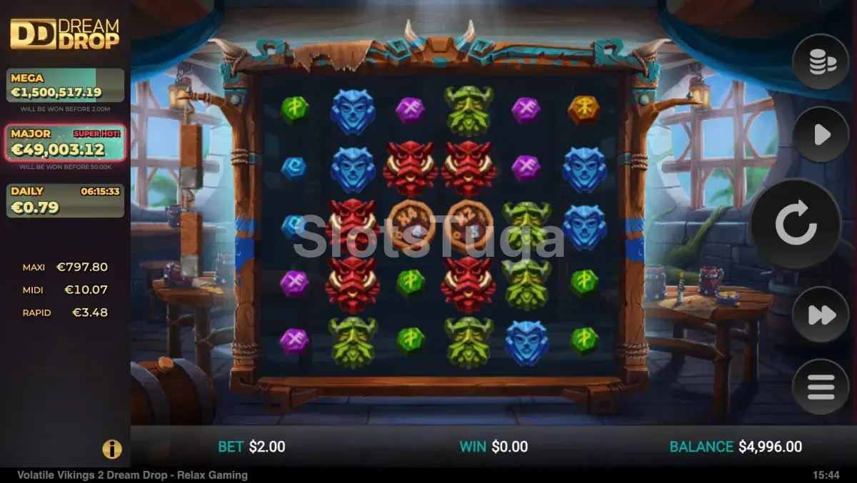 Segunda visão do jogo base da Volatile Vikings 2 Dream Drop mostrando multiplicadores ativos no grid
