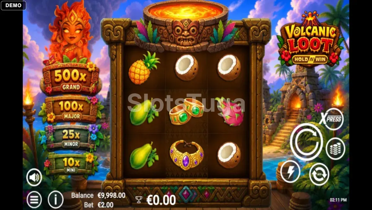 Jogo base de Volcanic Loot com a grelha 3x3 sobre o cenário vulcânico