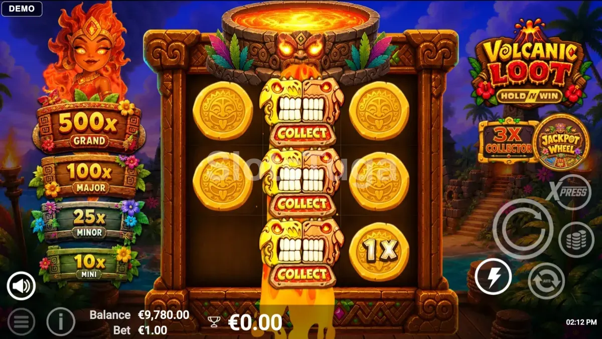Ecrã das rodadas grátis de Volcanic Loot com a grelha expandida