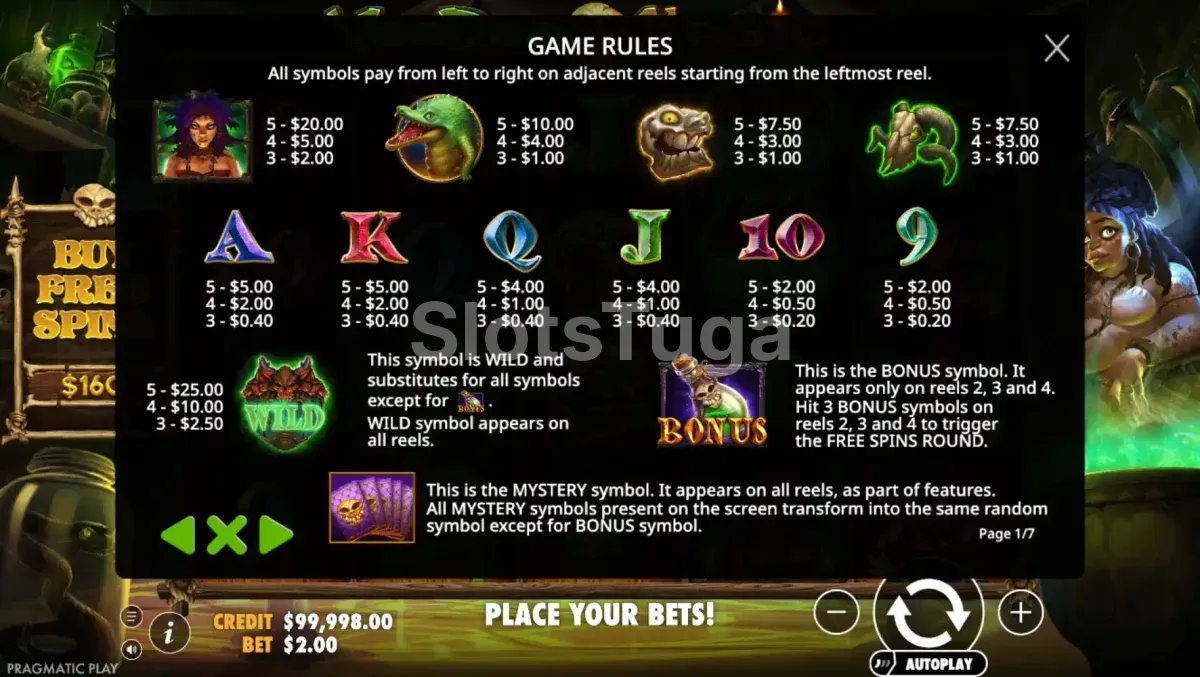 Tabela de pagamentos da slot Voodoo Magic
