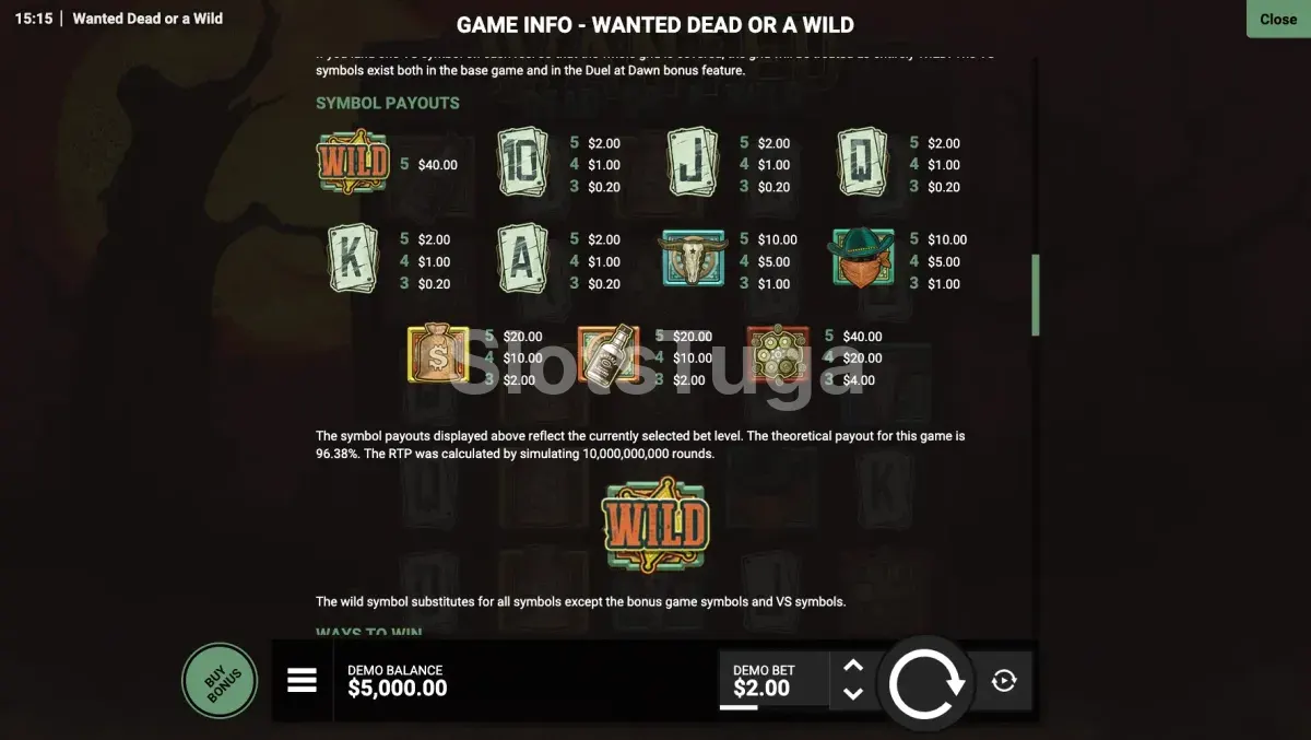 Tabela de pagamentos da Wanted Dead or a Wild mostrando os símbolos e multiplicadores