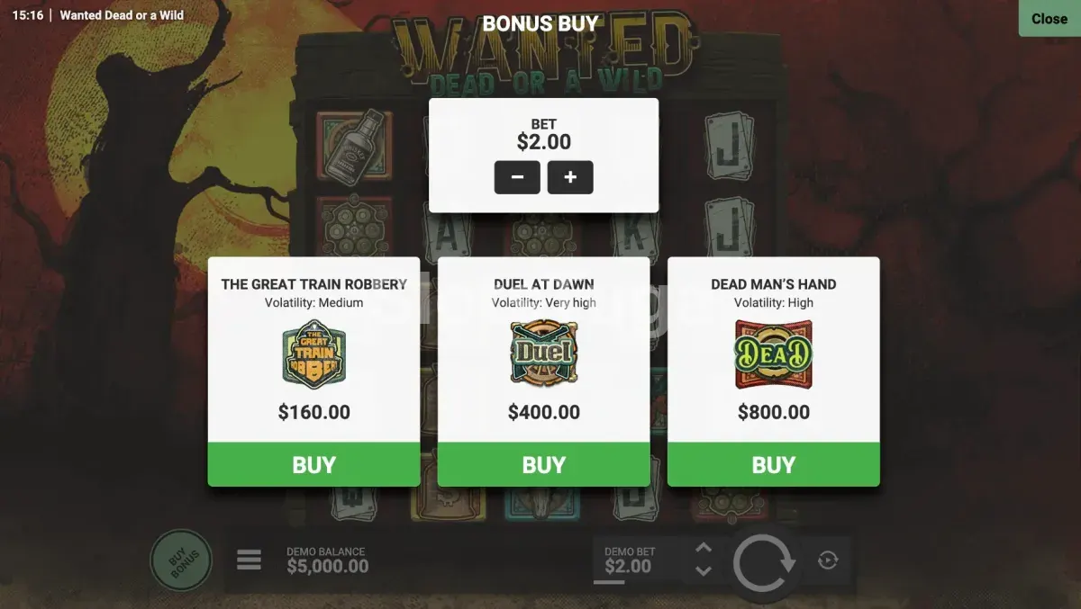 Tela de compra de bônus da Wanted Dead or a Wild com opções de Bonus Buy disponíveis