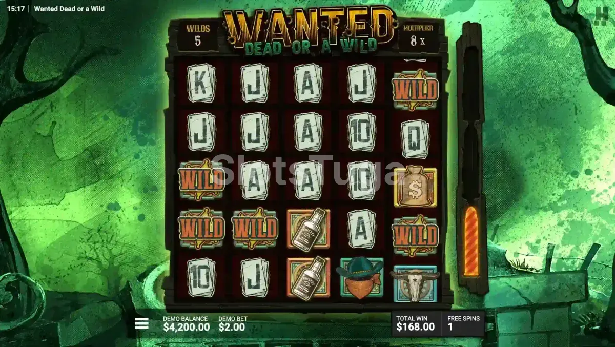 Modo de free spins da Wanted Dead or a Wild com wilds expandidos na tela