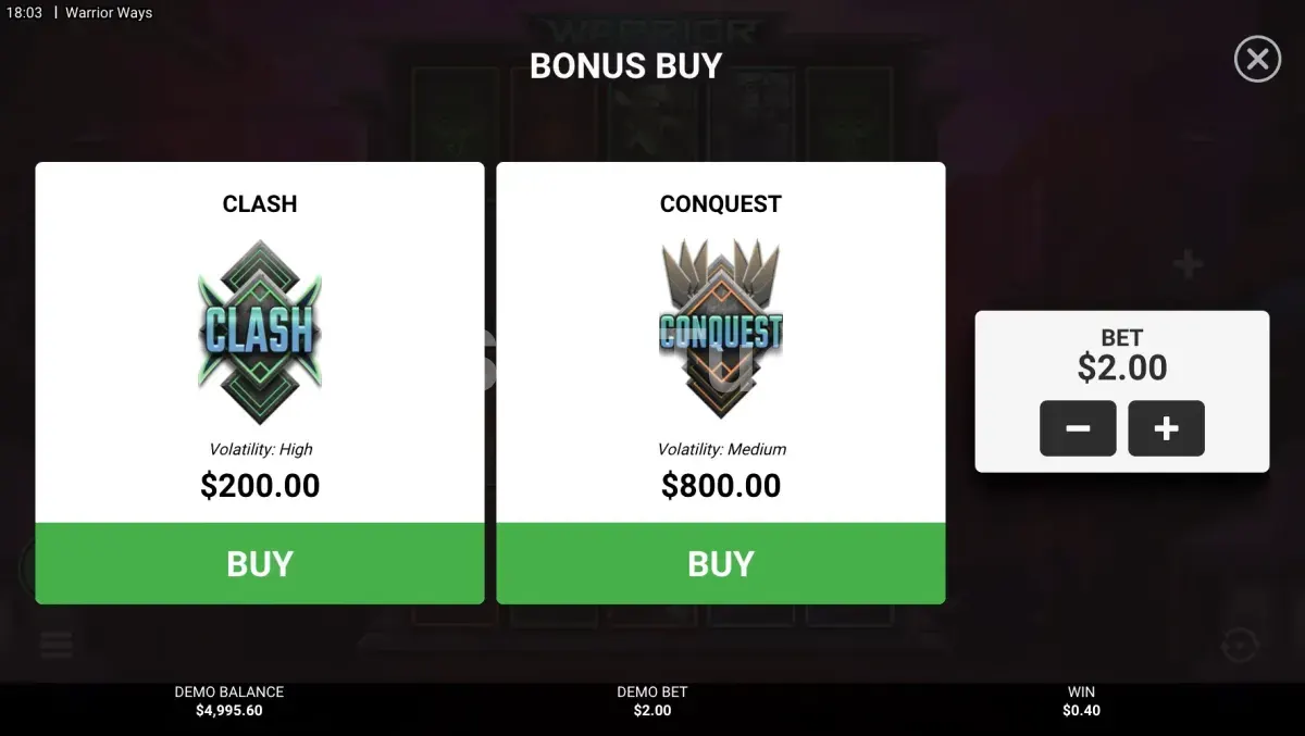 Tela de compra de bônus da Warrior Ways com opções Clash e Conquest