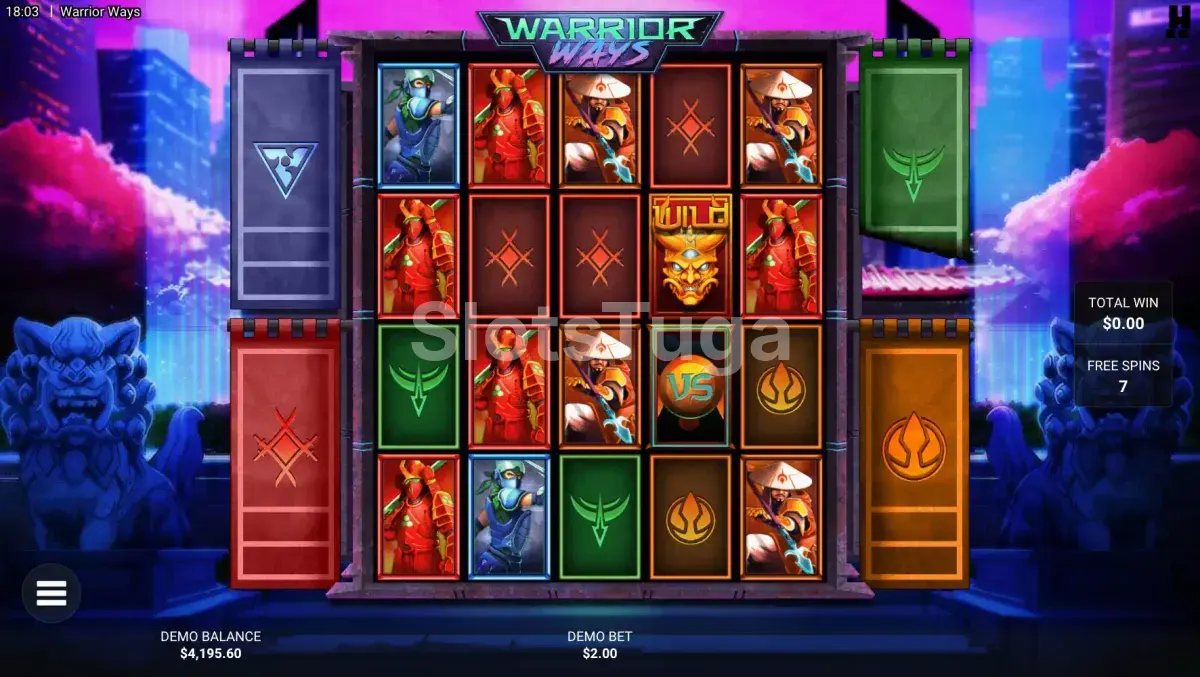 Rodadas grátis do Conquest na Warrior Ways com bandeiras dos clãs sendo destruídas