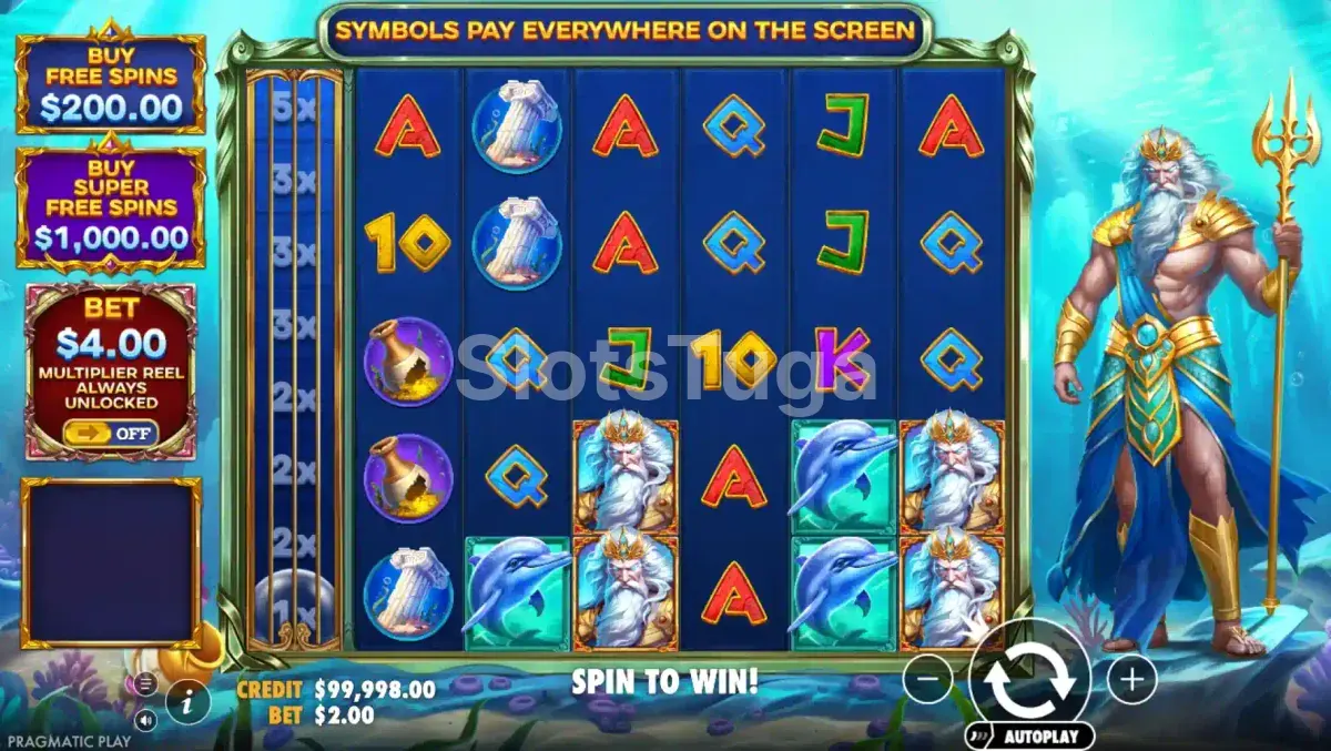 Jogo base do Waves of Poseidon com grid 6x5 e símbolos oceânicos