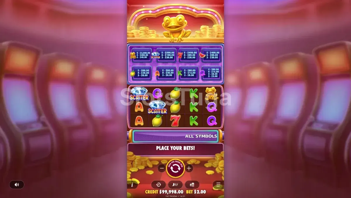 Tela principal do jogo Wealthy Frog com os rouleaux e símbolos orientais