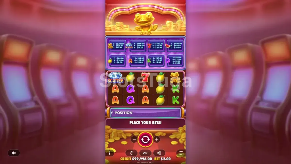 Segunda visão do jogo base da Wealthy Frog mostrando os símbolos de pagamento