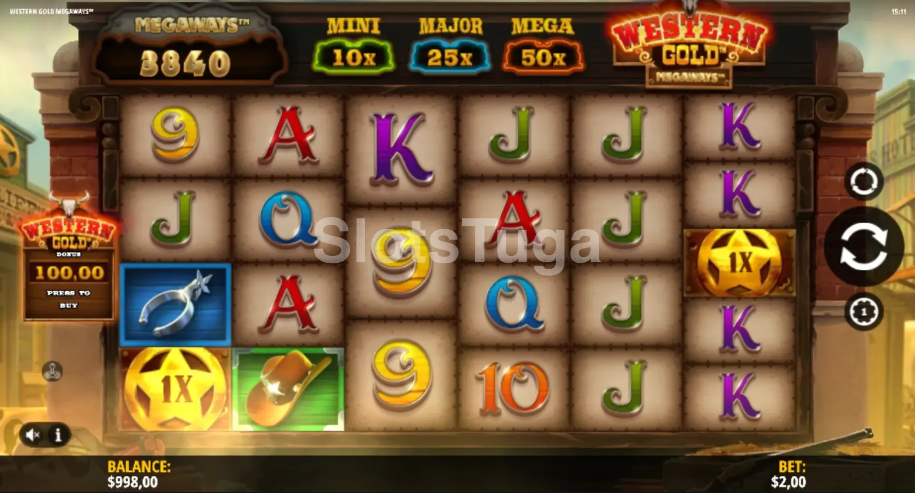 Jogo base da Western Gold Megaways com os rouleaux em ação