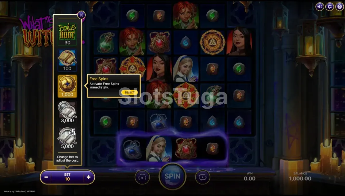 Menu Bonus Buy da slot What's Up Witches com opções de compra