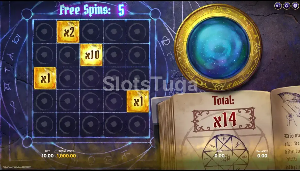 Rodadas grátis da What's Up Witches com grade 5x5 e multiplicadores