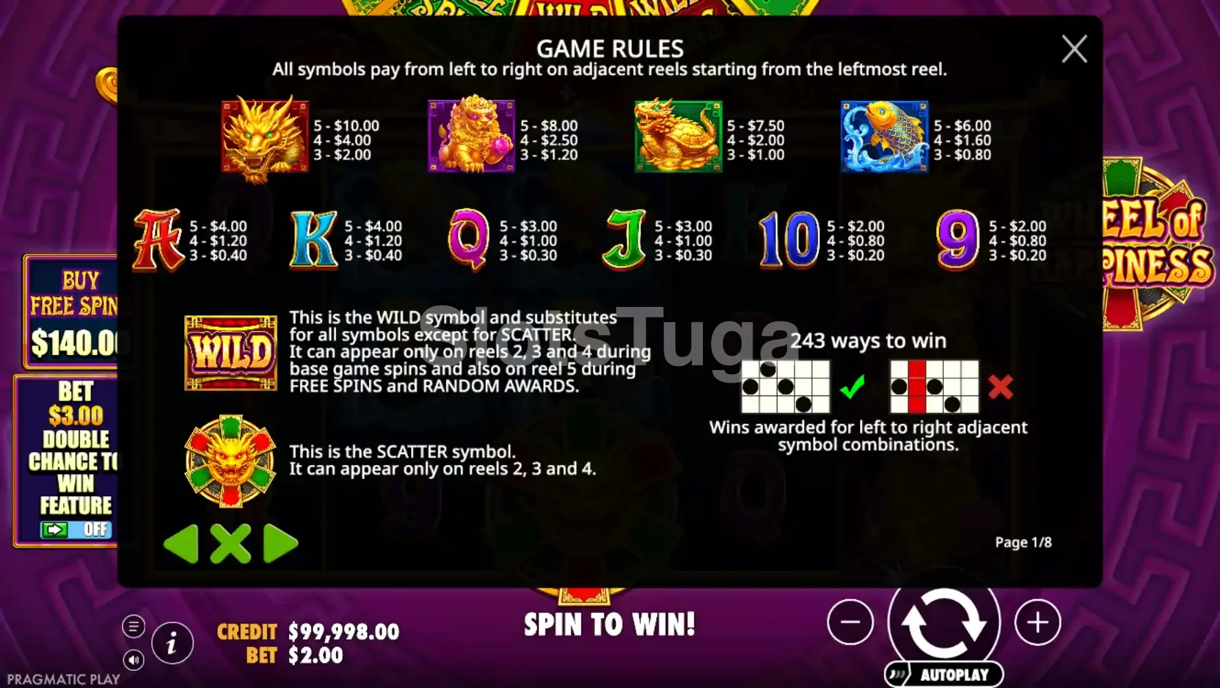 Tabela de pagamentos da Wheel of Happiness Pragmatic Play