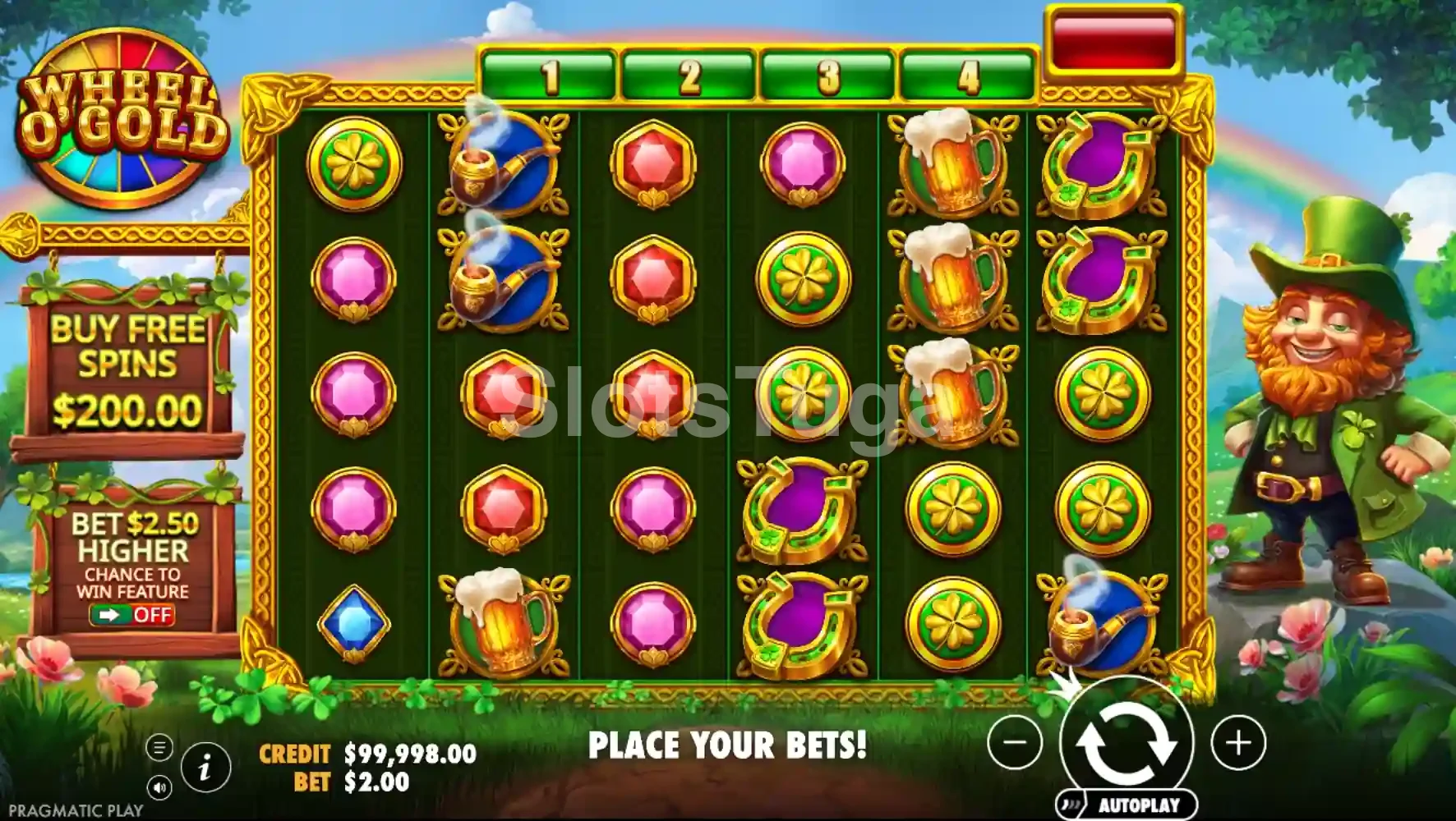 Tela principal do jogo Wheel O'Gold com os rolos em ação