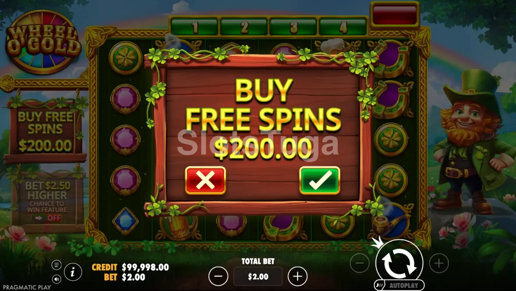 Opção de compra de bônus disponível na Wheel O'Gold