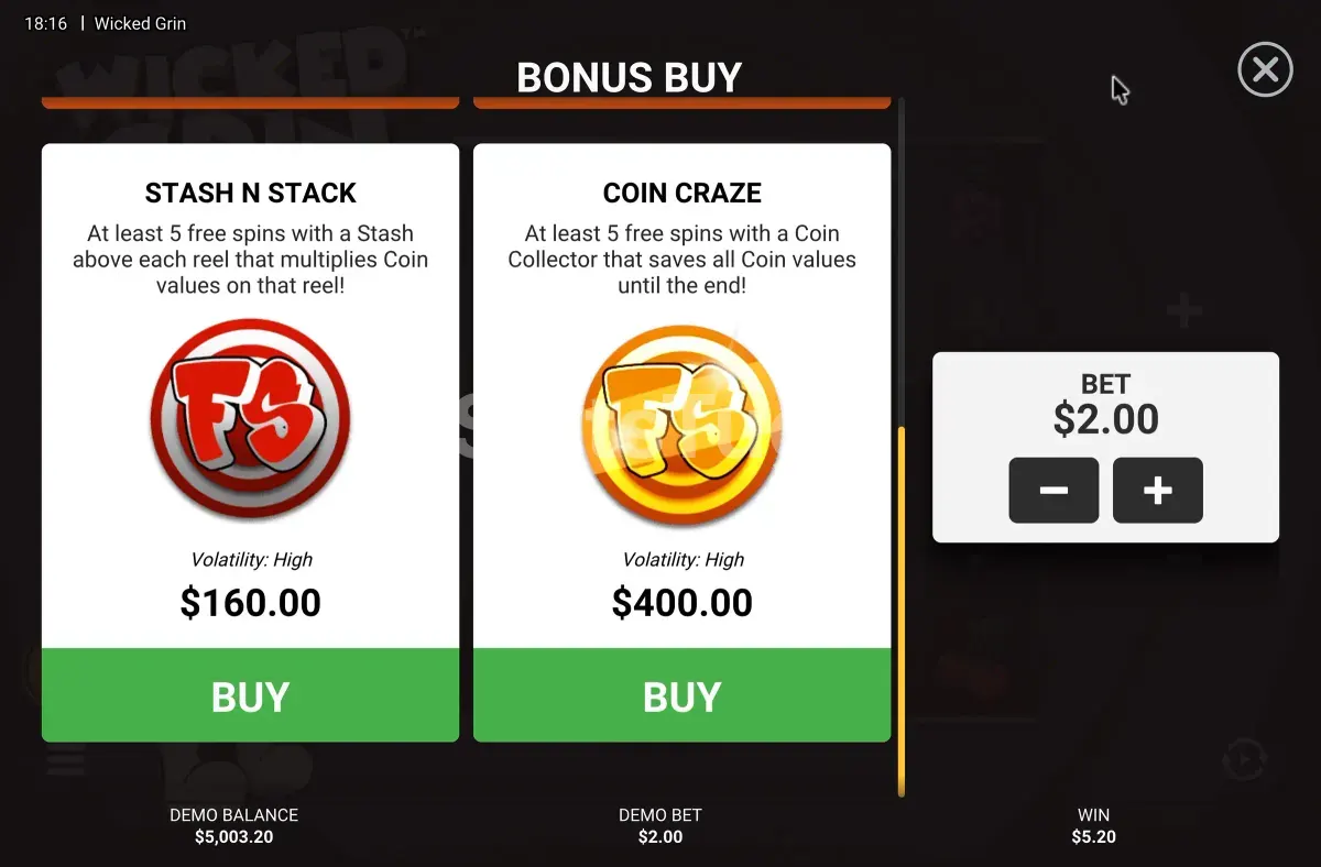 Menu de compra de bónus em Wicked Grin