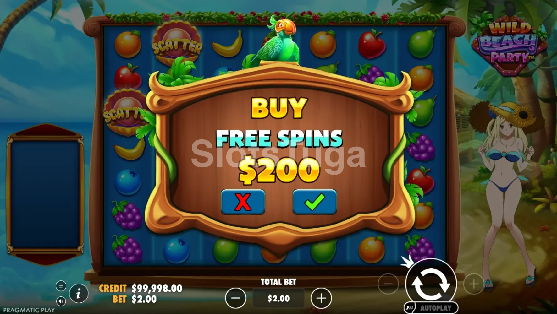 Tela de compra de bônus da Wild Beach Party com opção Bonus Buy